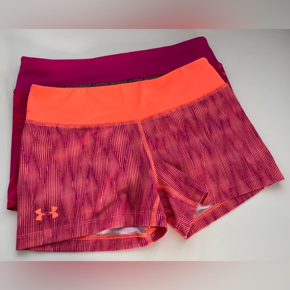2 For 1 Under Armour MidRise HeatGear Compression Fitted Shorts Pink Orange Sz.S - Picture 1 of 7